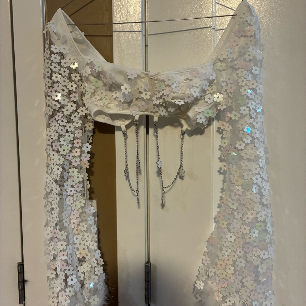 Sequin Floral Crop Top with Chains